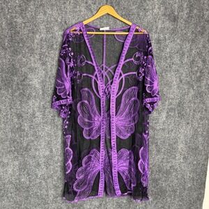WoWo Kimono‎ Womens XL Purple Floral Embroidered Butterfly Whimsigoth Cover Up